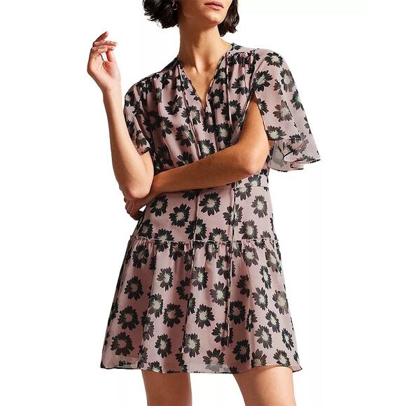 Ted Baker Lucieey Flutter Sleeve Tiered Mini Dress Size 1 - US Size 4 Floral - Picture 1 of 12